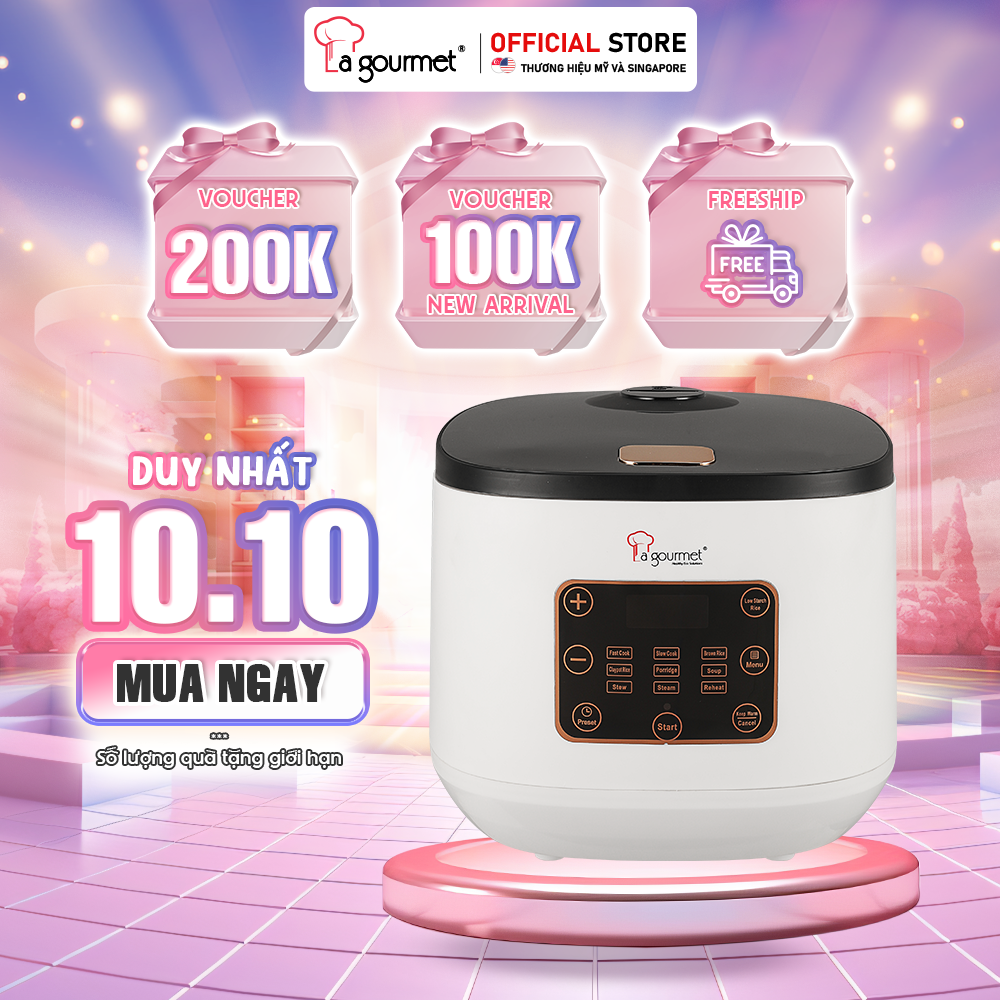 [Hàng chính hãng] Nồi cơm điện đa năng La gourmet 1.8L trắng lòng nồi tráng men chống dính an toàn sức khỏe - 417381