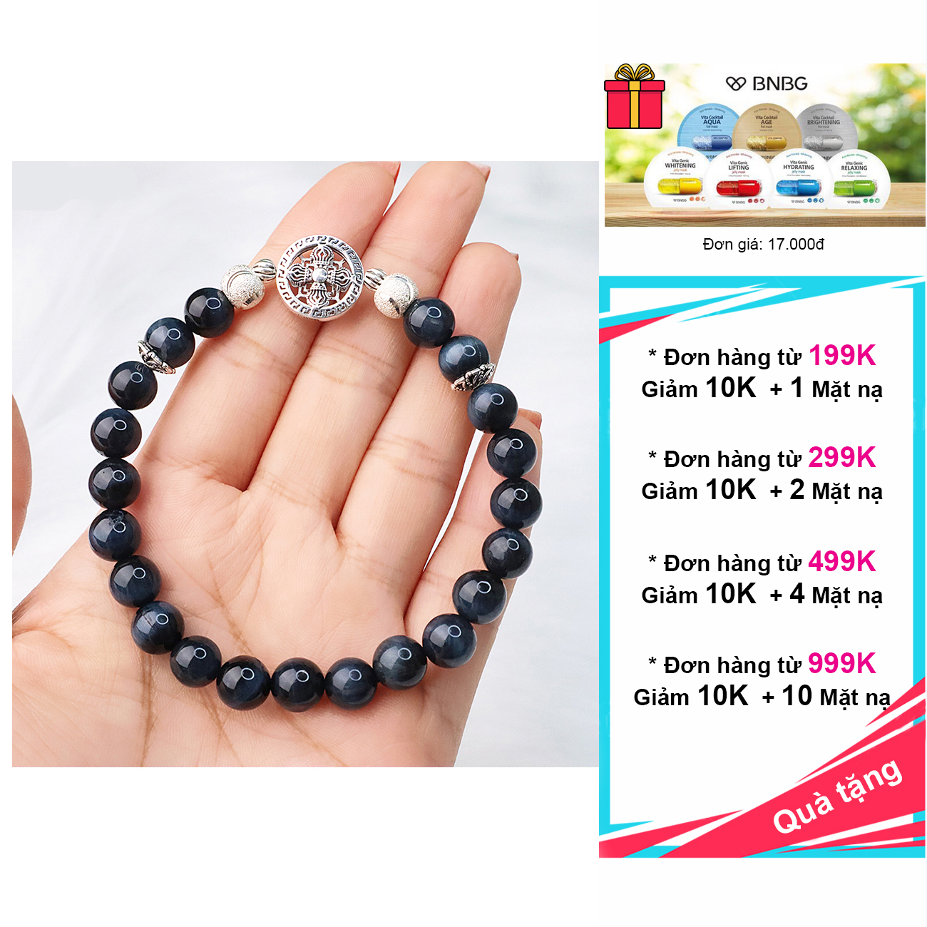 Vòng tay thạch anh mắt chim ưng 8mm mix charm bạc 925 cao cấp