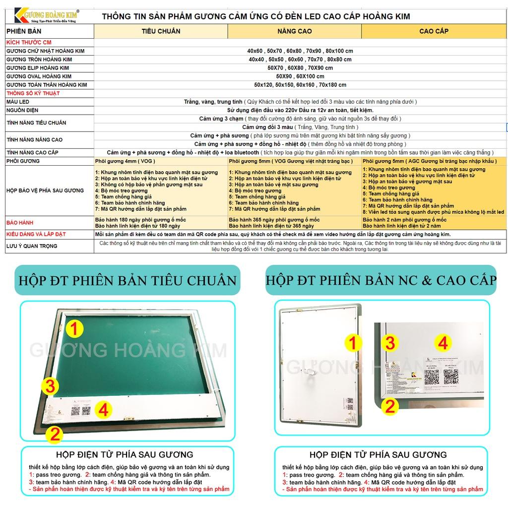 Gương cảm ứng đèn led chữ nhật thông minh treo tường bàn trang điểm makeup nhà tắm phòng wc cao cấp kích thước 40x60cm và 50x70cm guonghoangkim mã HK-3001