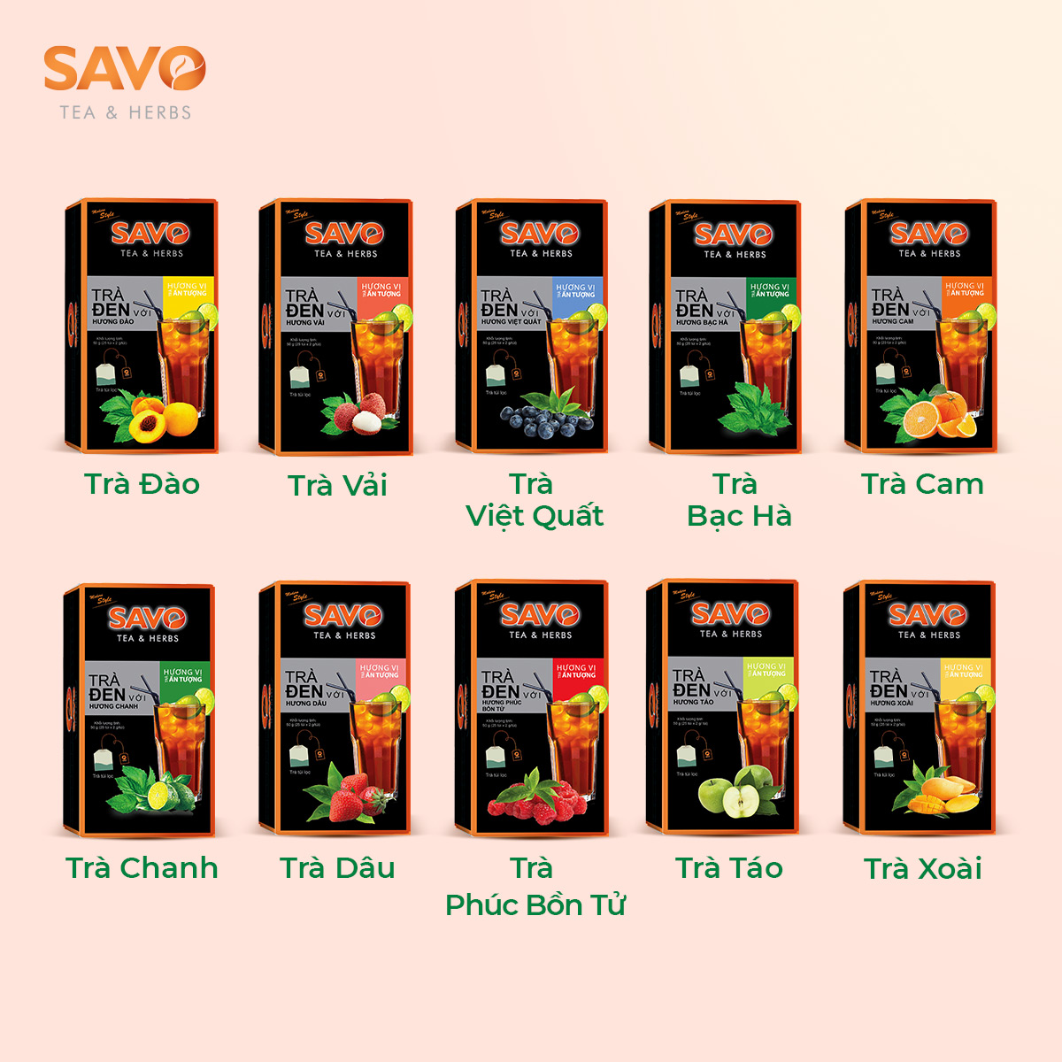 Trà túi lọc trái cây SAVO Trà Đen hương Dâu  - Hộp 25 Gói x 2g