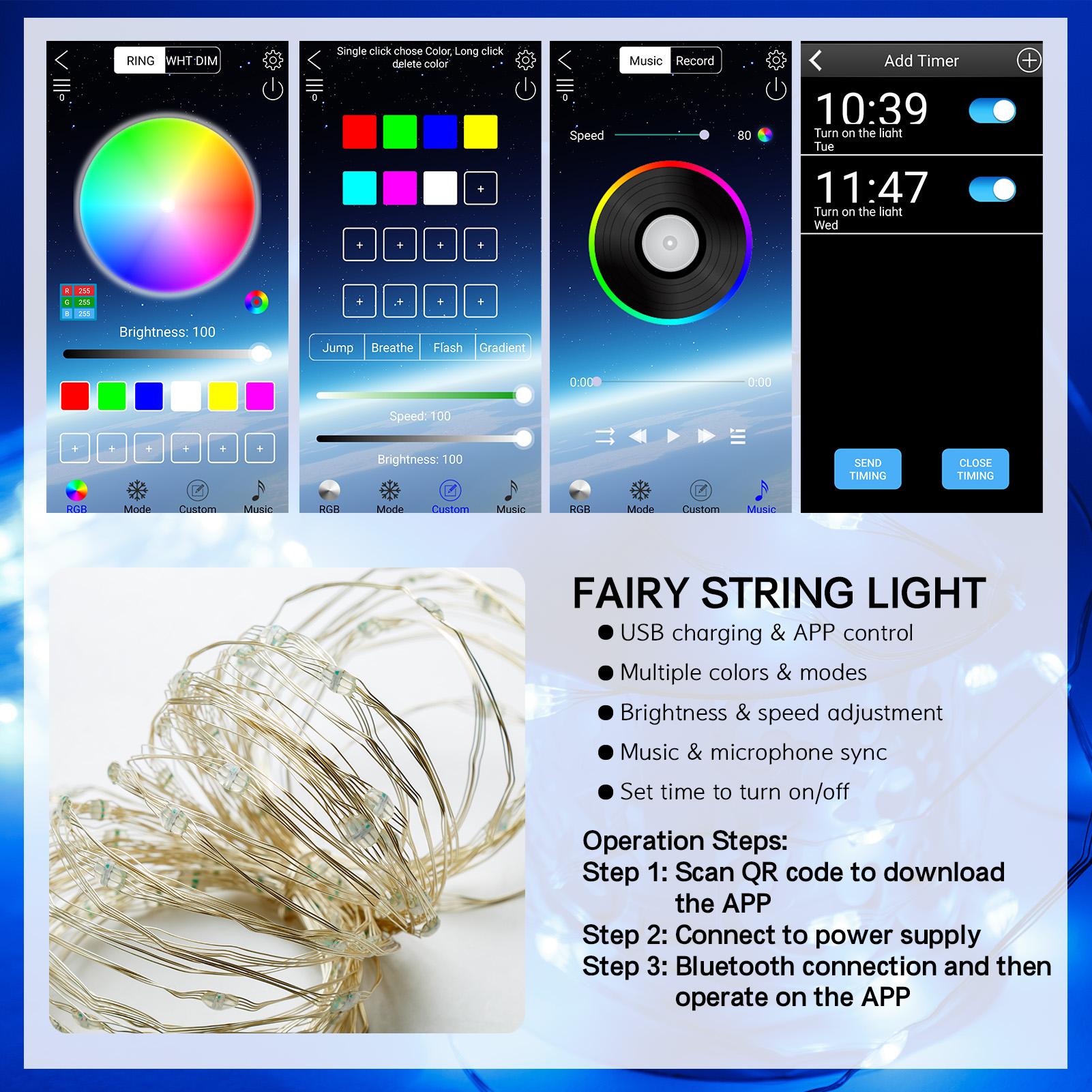 Đèn dây LED có sạc USB kết nối với điện thoại điều khiển qua bluetool đồng bộ theo âm nhạc dùng trang trí bữa tiệc