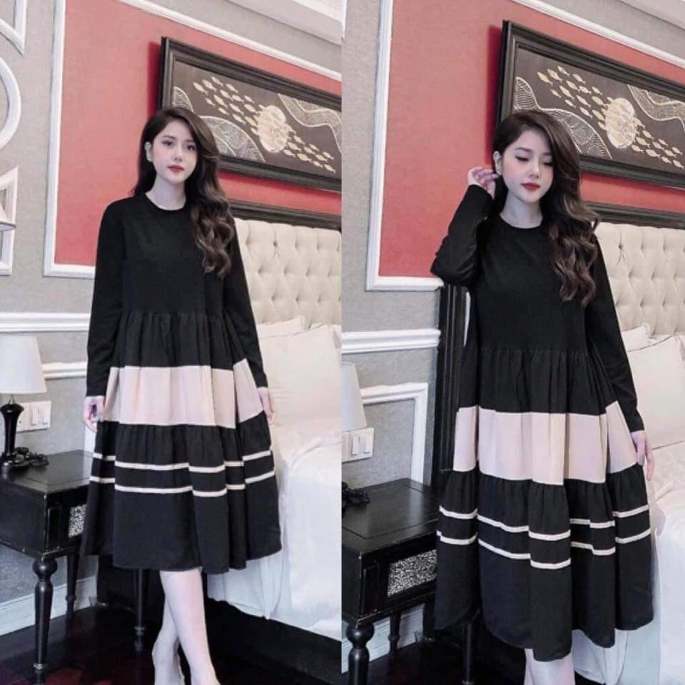 Váy bầu thu đông có chân váy xếp ly cottong mềm mịn