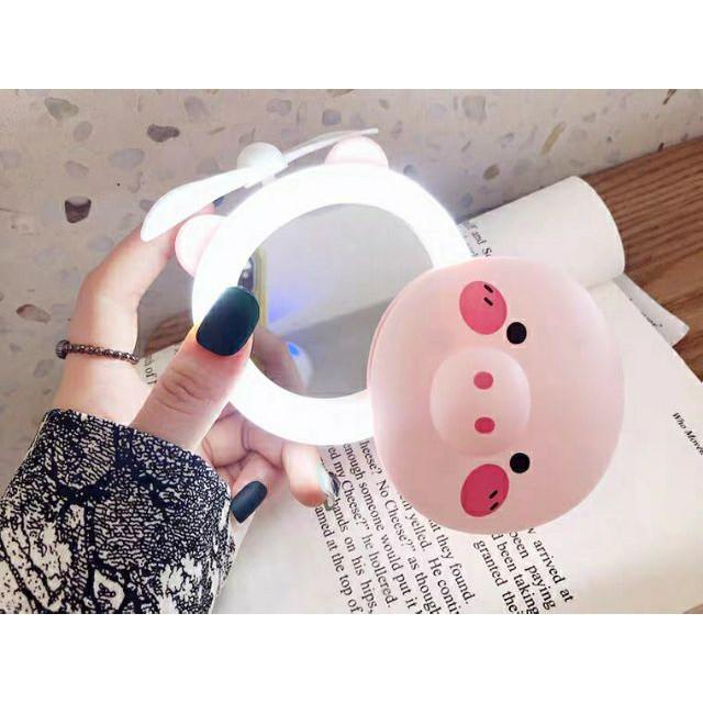 Quạt Mini Cầm TayQuạt Mini Hình Con Lợn Có Gương Đèn sạc USB Gương kèm quạt có đèn led kute