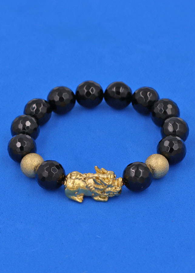 Vòng tay Thạch Anh Đen Cắt Giác 12 ly - cẩn Tỳ Hưu Phong Thủy inox vàng VTAEGTHHBV12 - hợp mệnh Mộc, mệnh Thủy