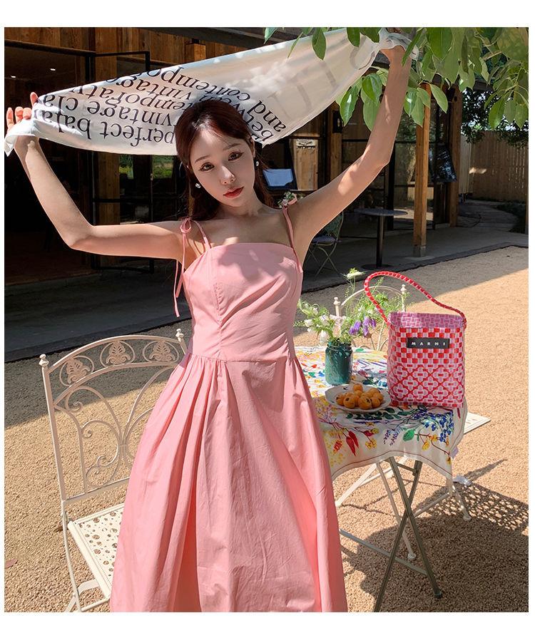 SHUANGYAN Hàng tốt giới thiệu~Mùa hè quần chúng nhỏ ghép màu hồng xanh lá cây va chạm dây đai váy nữ thiết kế ngọt ngào phong lộ gầy váy dài