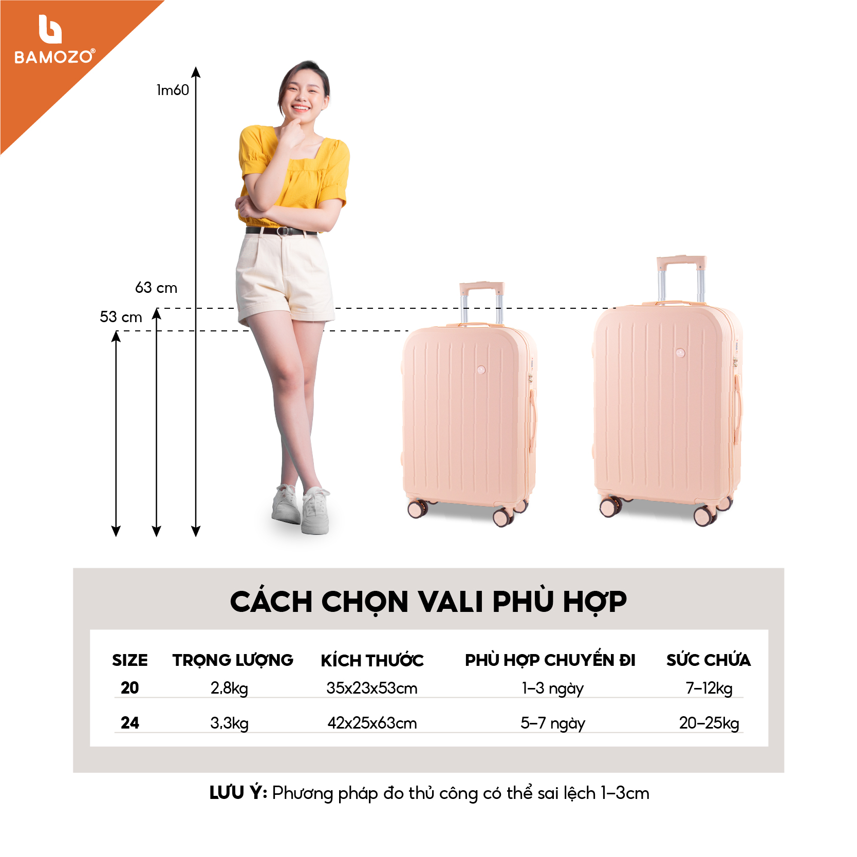 Vali du lịch thời trang BAMOZO 8812 MÀU HỒNG NHẠT size 20/24 , vali kéo chống trầy xước được bảo hành 5 năm