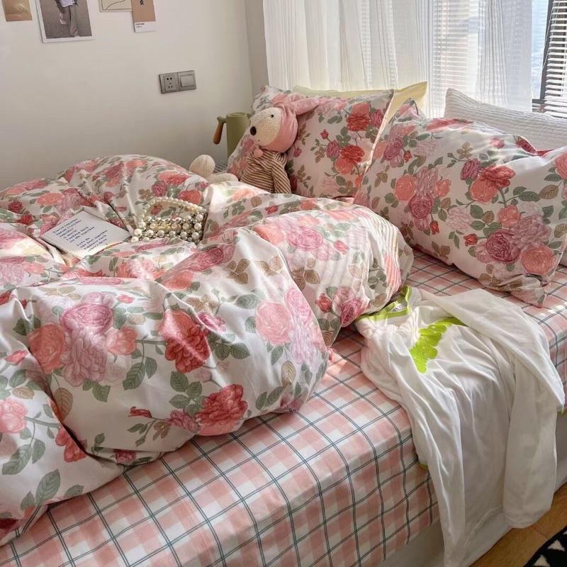 Set Cotton Living 100%cotton Hàng Nhập Khẩu Cao Cấp 4 Món Hoa Hồng Xanh Vintage