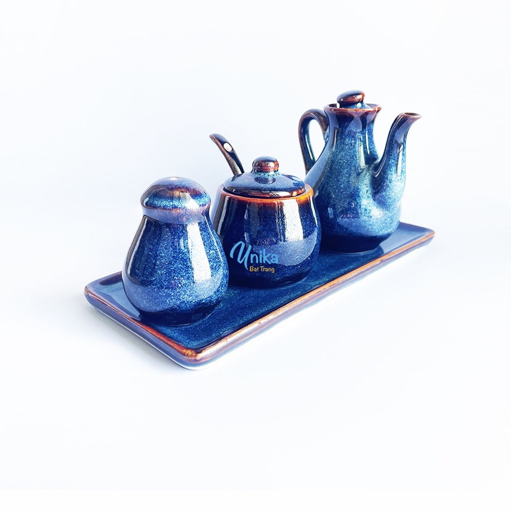Bộ lọ đựng gia vị xanh hoả biến - Set bình gia vị gốm sứ cao cấp cho bếp 5 Sao - Gốm Sứ Thủ Công Bát Tràng