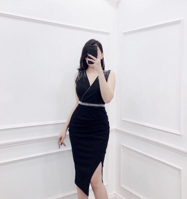Đầm ôm body vạt đắp chéo kết đá pha lê có size