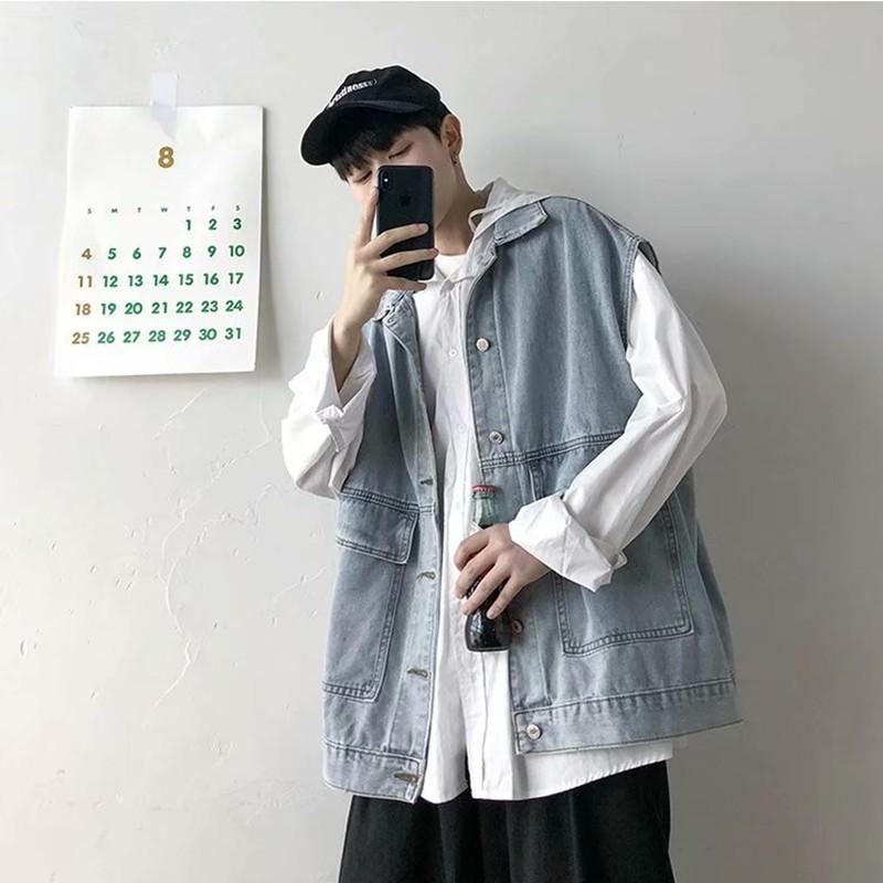 Áo Khoác Denim Không Tay Phong Cách Retro Nam Tính