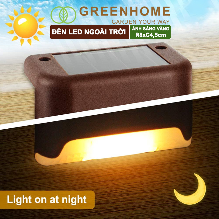 Đèn Led năng lượng mặt trời, R8xC4,5cm, ánh sáng vàng ấm, chống nước, ốp lan can, trang trí ngoài trời |Greenhome