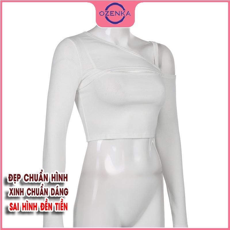 Áo croptop kiểu hàn quốc nữ, set áo croptop dài tay trễ vai kèm áo 2 dây ôm body thun gân cotton màu đen trắng