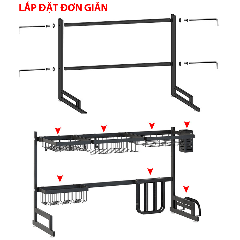 Kệ để đồ đa năng trên chậu rửa bát Inox mạ sơn tĩnh điện màu đen kích thước 85 * 32 * 52cm