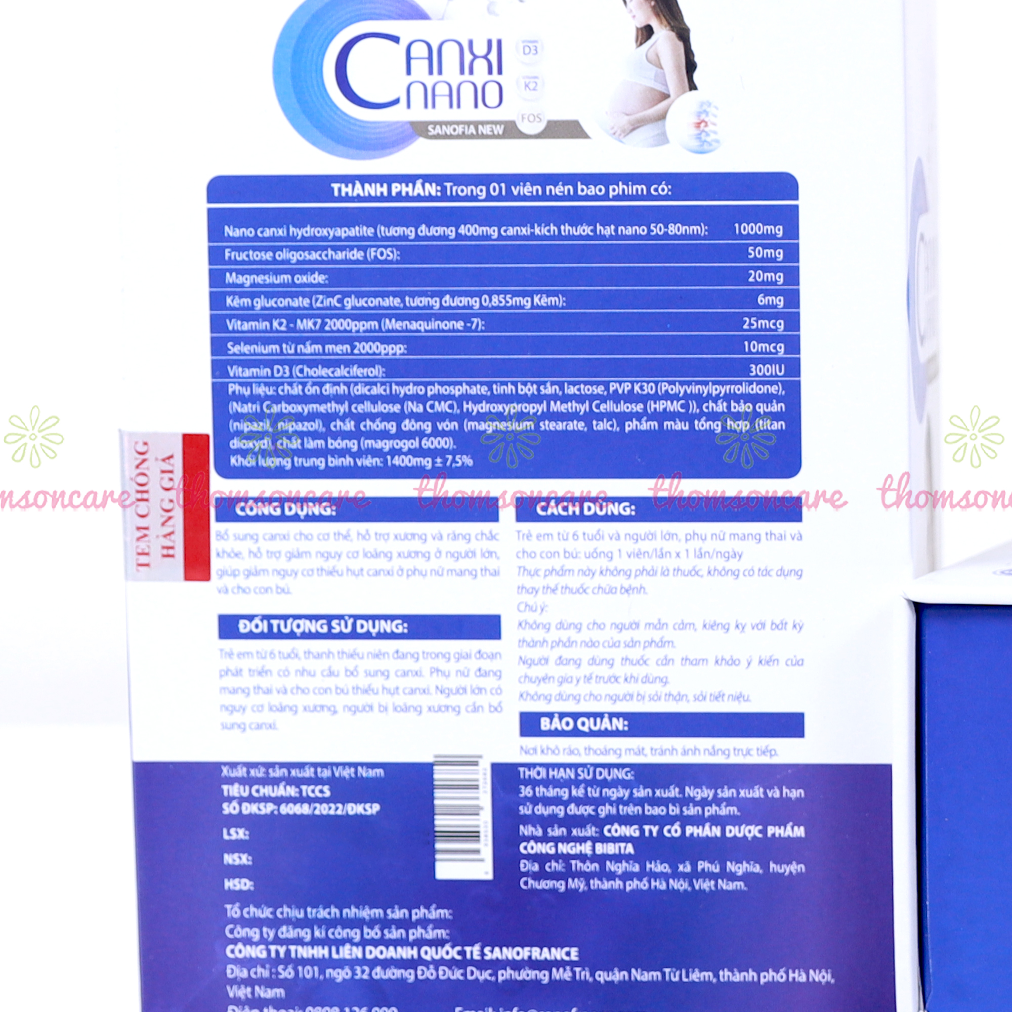 Canxi cho bà bầu, Canxi Nano Sanofia New - giúp giảm nguy cơ thiếu hụt canxi, tốt cho xương và răng - Lọ 30 viên - Thomsoncare