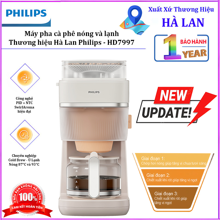Máy pha cà phê nóng và lạnh Drip nhỏ giọt, hoàn toàn mới. Thương hiệu Hà Lan cao cấp Philips Morgen HD7997. HÀNG CHÍNH HÃNG