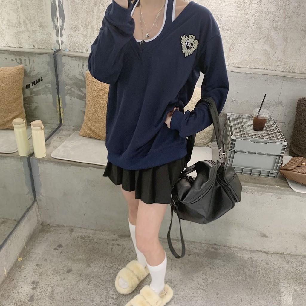 Áo Ulzzang Form Rộng, Áo Trễ Vai, 2 Món - Áo Cổ Chữ V Kèm Croptop Chất Nỉ Da Cá Phong Cách Hàn Quốc