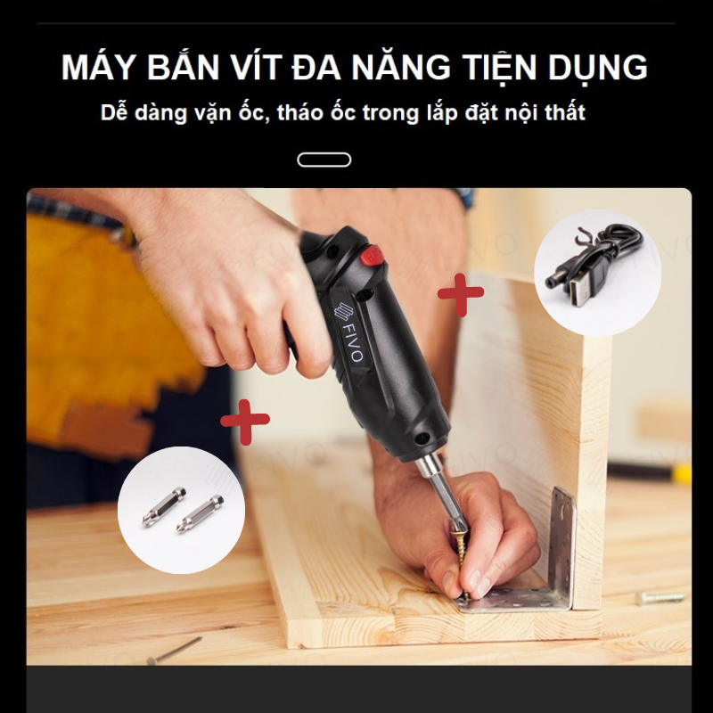 Máy Bắn Vít Cầm Tay Không Dây FIVO, Linh Động 2 Kiểu Dáng, Tặng Kèm Dây Sạc Và 2 Đầu Vít, Nhỏ Gọn Tiện Dụng