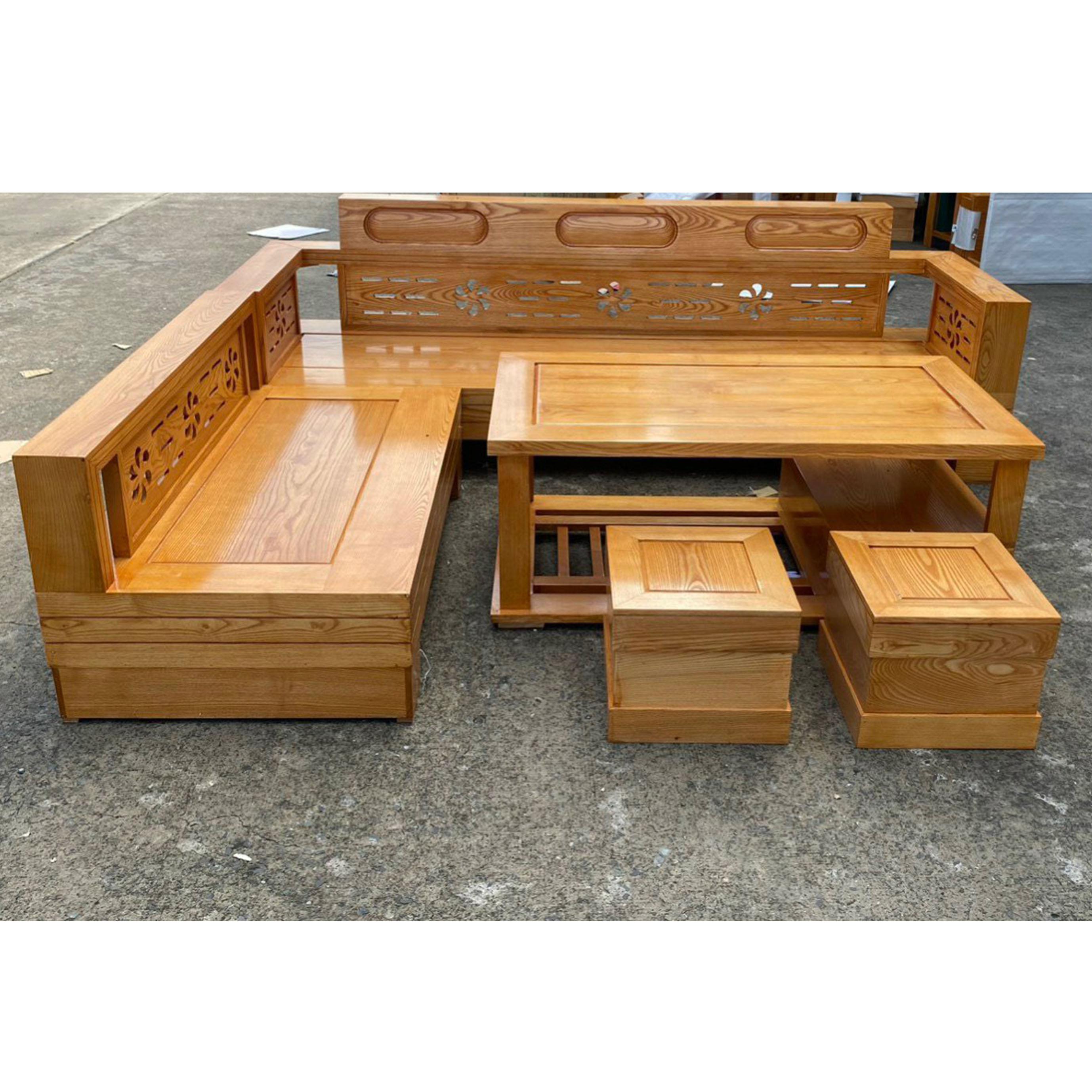 Bộ sofa góc L Gỗ Sồi  Mặt liền. Bàn ghế sofa hiện đại hoa thủy gỗ sồi nga 5 món