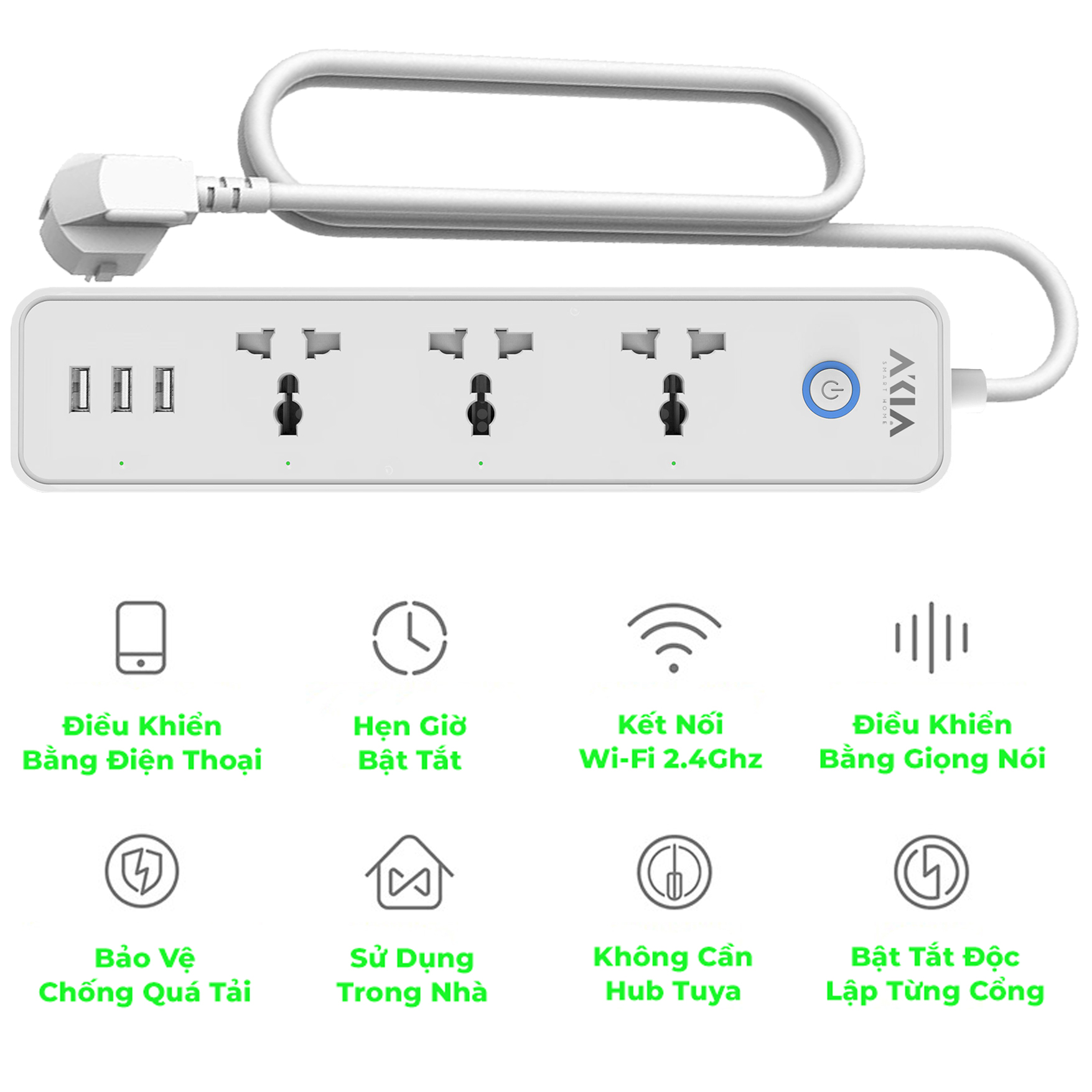 Ổ cắm điện thông minh Tuya wifi AKIA ASP250, ổ cắm dài - 3 ổ cắm độc lập, 3 jack USB sạc nhanh, tương thích Smart Life - Hàng Chính Hãng