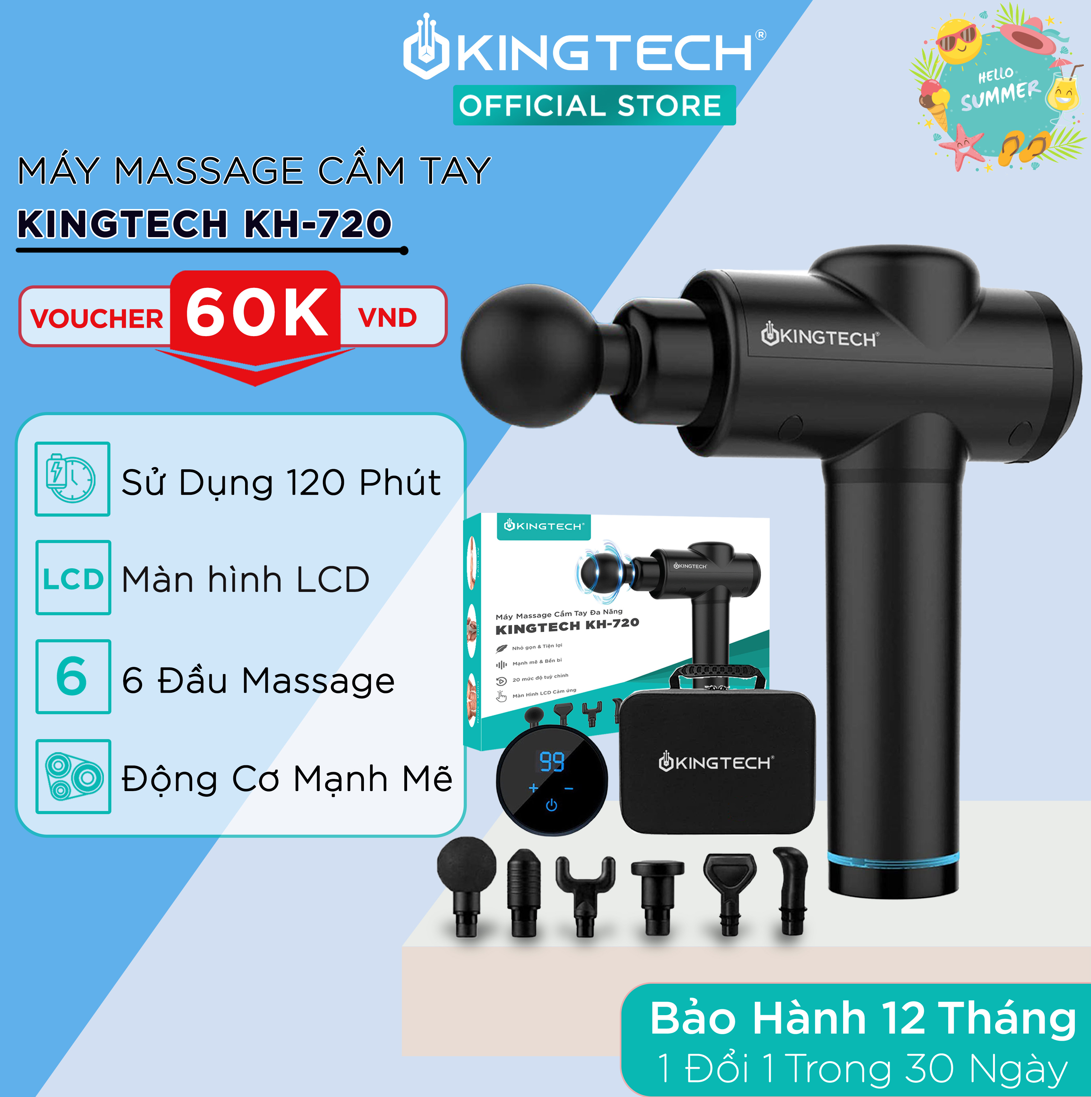 Máy Massage Cầm Tay Cao Cấp KINGTECH KH-720 - 20 Cấp Độ, Hỗ Trợ Mát Xa Chuyên Sâu, Giảm Đau Cơ, Cứng Khớp - Chính Hãng