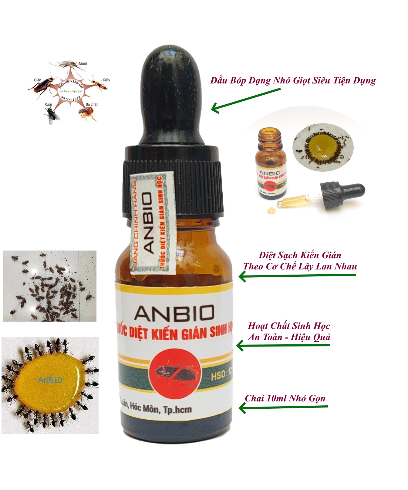 Thuốc diệt kiến gián ANBIO Chai 10ml Dạng ống bóp tiện lợi với hoạt chất sinh học diệt tận gốc hầu hết kiến gián