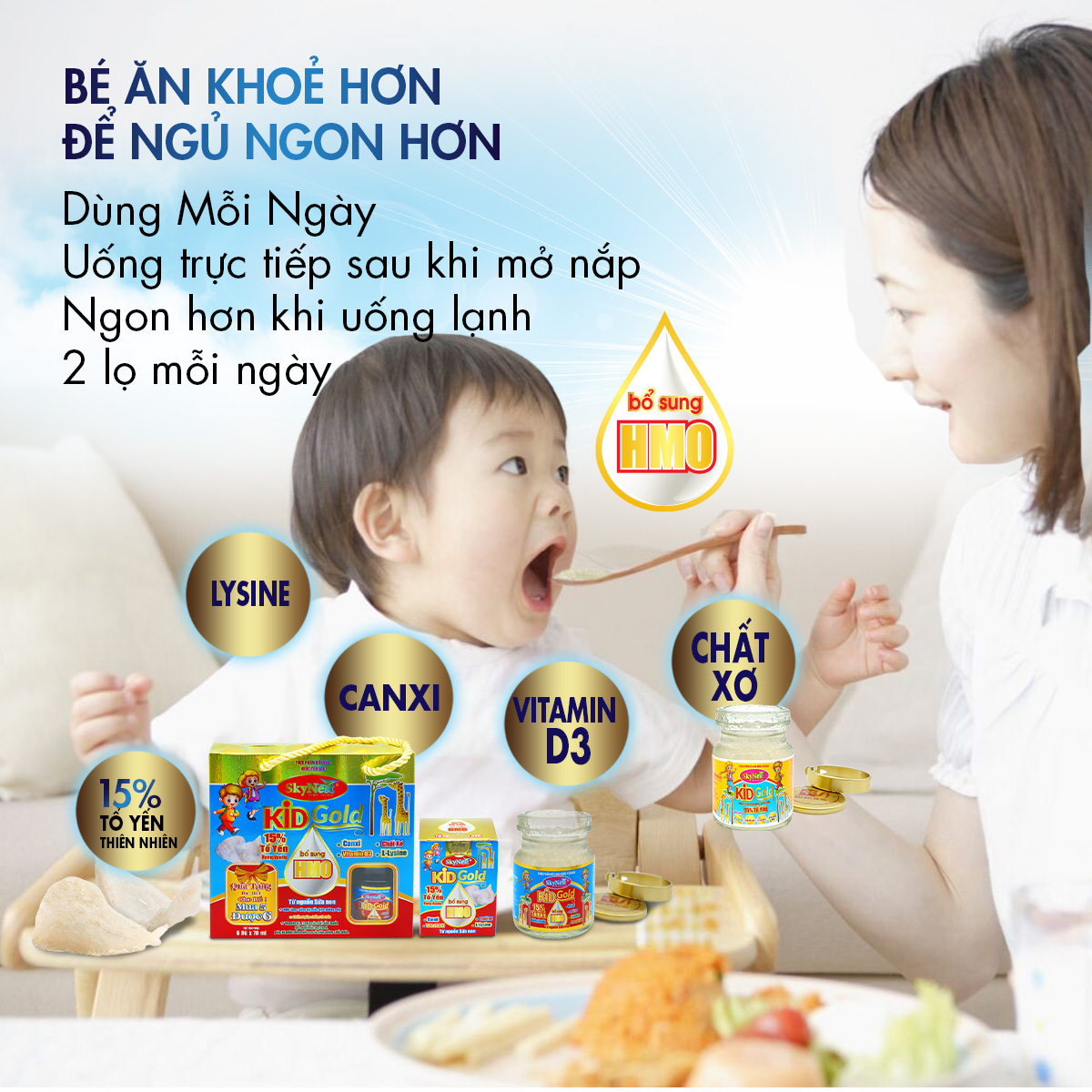 Nước Yến Sào SkyNest Kid Gold HMO 15% Tổ Yến Cho Trẻ Nhỏ x Lọ 70 ml, bổ sung HMO từ nguồn sữa non, kích thích tiêu hóa, lợi khuẩn đường ruột