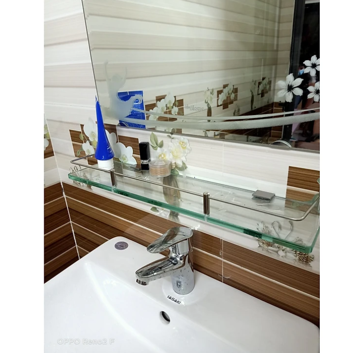 Kệ gương KG69 dùng cho phòng tắm để xà bông, mỹ phẩm đa năng dễ tiện lợi, kính cường lực chống xước inox304 cao cấp (500x120x10mm)- Hàng chính hãng