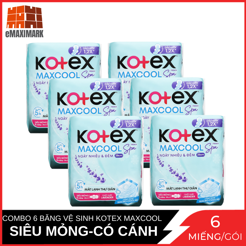 Combo 6 Băng Vệ Sinh Kotex Maxcool Nhiều ngày &amp; đêm 28cm 6 miếng