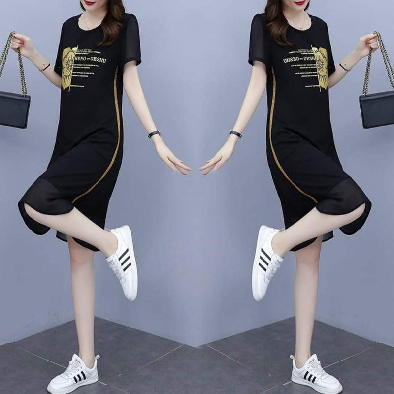 HÀNG NHẬP - ĐẦM SUÔNG THUN PHỐI VOAN IN CHỮ VÀ HOA