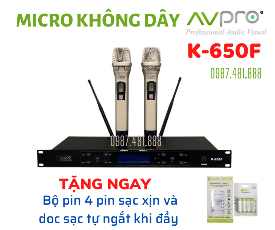 AVPRO K-650F - Micro không dây karaoke hay, bền, tiếng ấm - Tặng bộ pin + sạc xịn - Hàng chính hãng