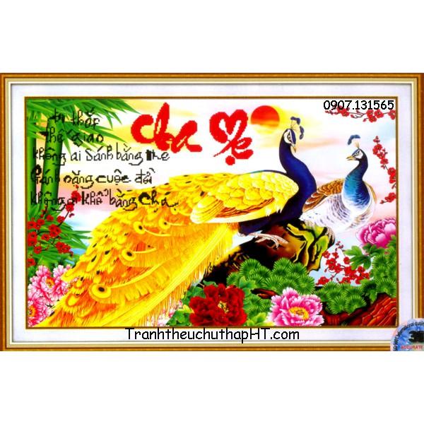 Tranh đá Cha mẹ 2 con công vàng DF284