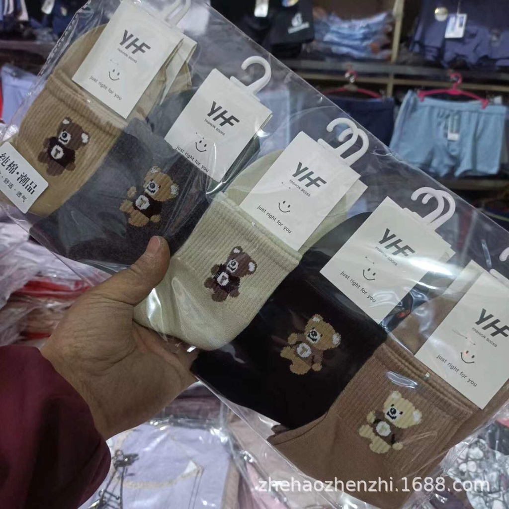 Set 5 đôi tất nữ cổ cao hình gấu phong cách vintage vớ nữ cổ cao nhiều màu