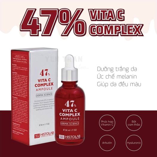 TINH CHẤT DƯỠNG TRẮNG, MỜ THÂM, SE LỖ CHÂN LÔNG 47% VITA C COMPLEX AMPOULE DERMA SCIENCE 50ML