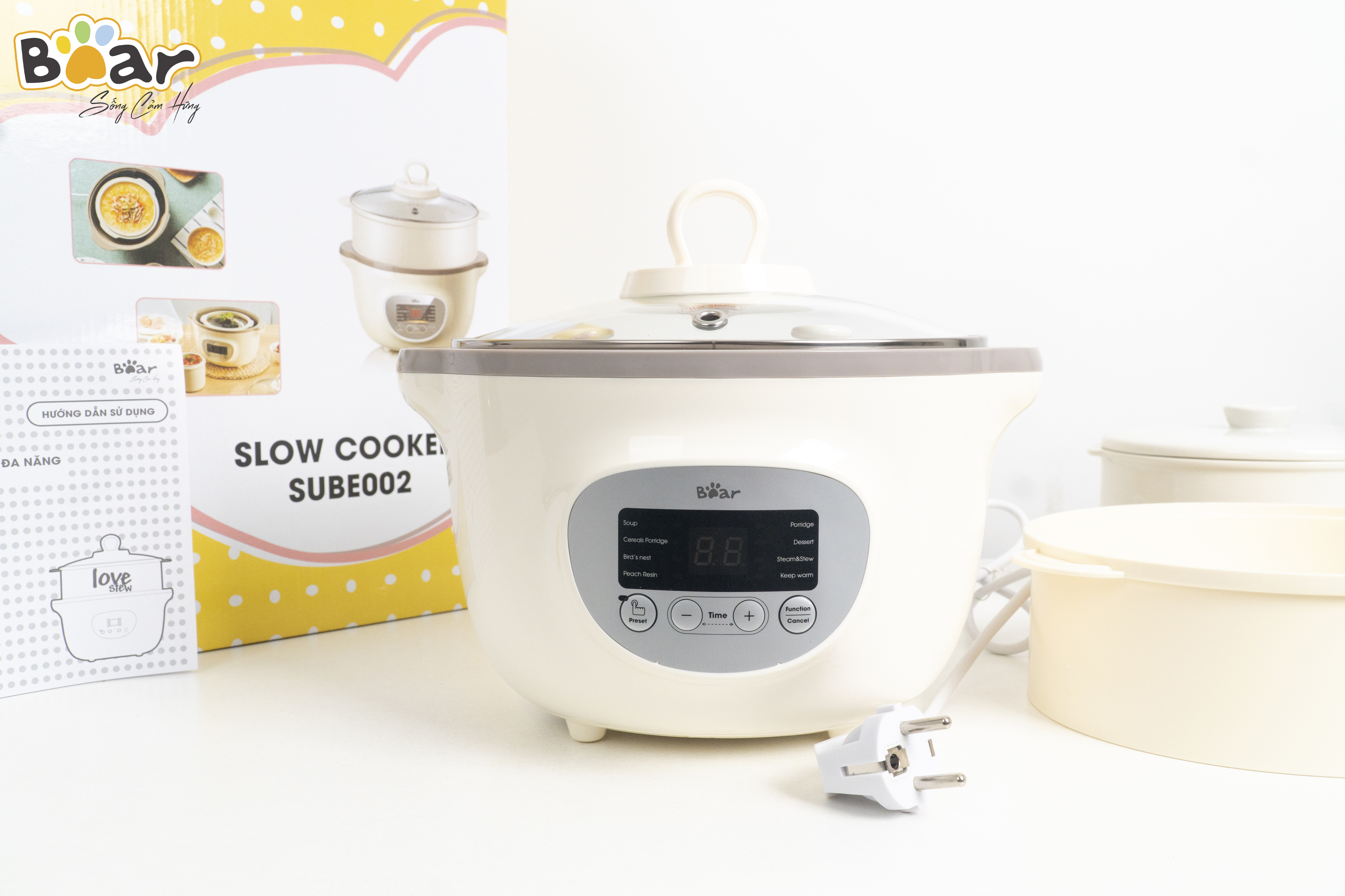 Nồi Nấu Cách Thủy, Kiêm Hấp Cao Cấp BEAR SUBE002 Gồm 3 Thố Nấu Đa Năng, Dung Tích 1.6 Lít, Công Suất 200W - Hàng Chính Hãng