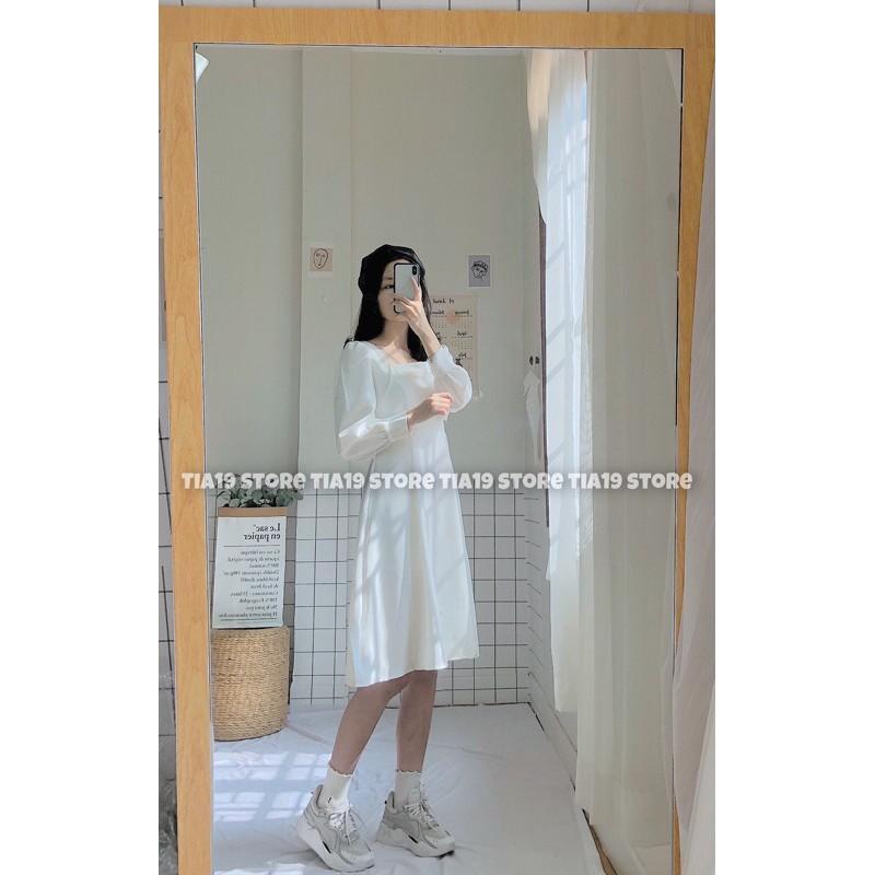 Váy trắng cổ vuông ren dài tay. Đầm trắng tiểu thư dài tay SP000007