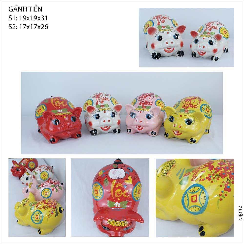 Heo lợn đất - Heo lợn sứ tiết kiệm dáng cả con kiểu gánh tiền viết chữ 4 màu 2 size - Gốm Bát tràng