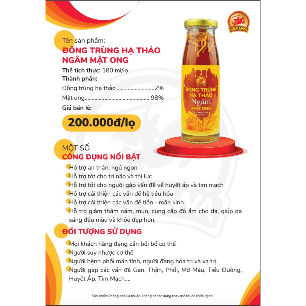 Đông trùng hạ thảo ngâm mật ong nguyên chất Healwa chai lớn 180ml hỗ trợ tăng cường sức khỏe