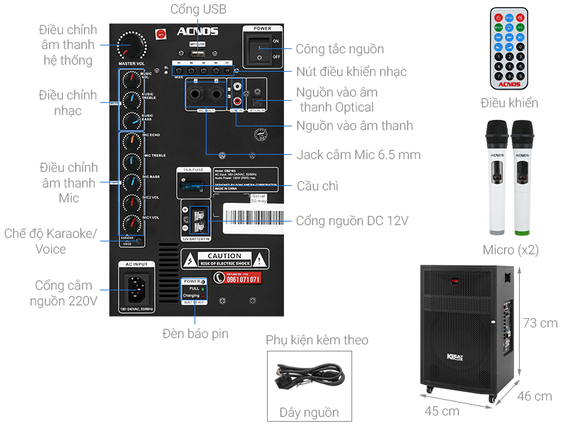 Loa kéo Acnos CB403GE Bluetooth 5.0, Loa bass 4 tấc, Micro UHF - Chính Hãng Acnos