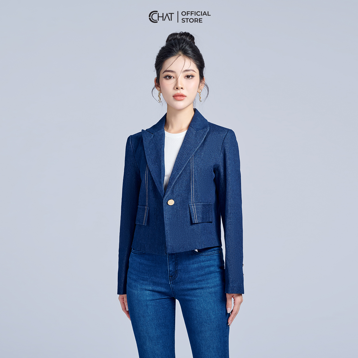 Áo Blazer Nữ CCHAT Diễu Chỉ Hai Nắp Túi Jeans Cao Cấp 22EHJ2012ST