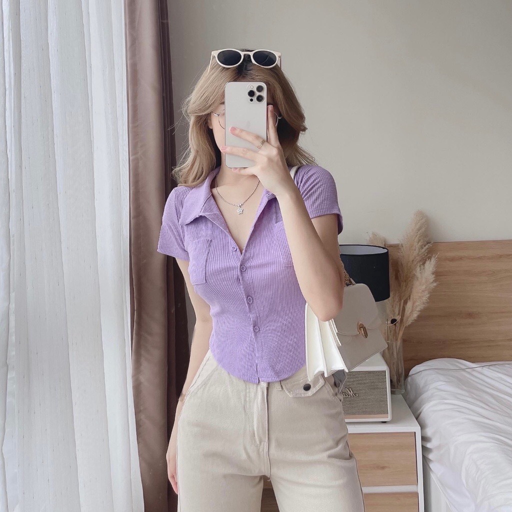 Áo Thun Cộc Tay Cổ Tru Cúc Giữa Dnags Croptop Ulzzang