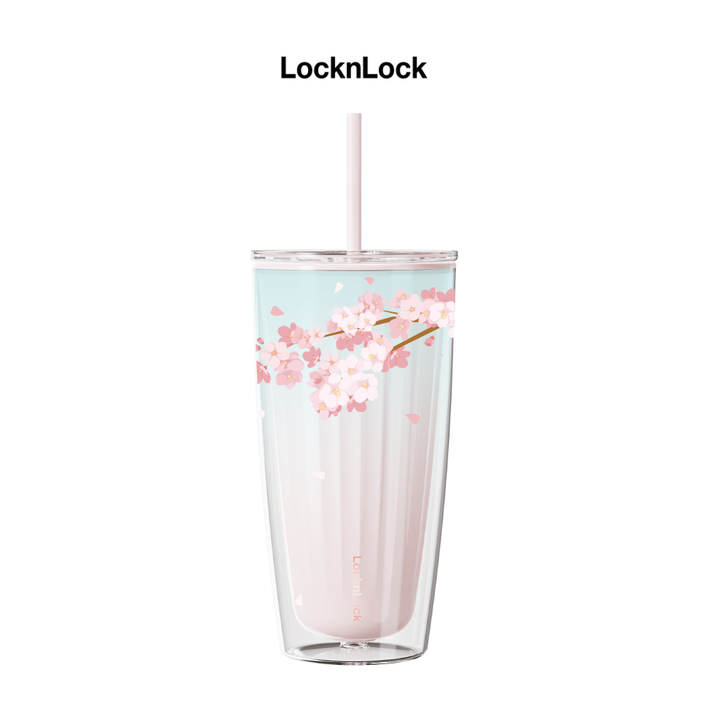 Ly nhựa 2 lớp Lock&amp;Lock màu hồng anh đào HAP522PIK 750ml - Hàng chính hãng, có ống hút, có nắp đậy - JoyMall