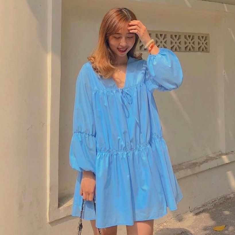 Đầm Babydoll Xanh Cổ V Thắt Nơ Xếp Ly Thân - Hậu Nguyễn Store
