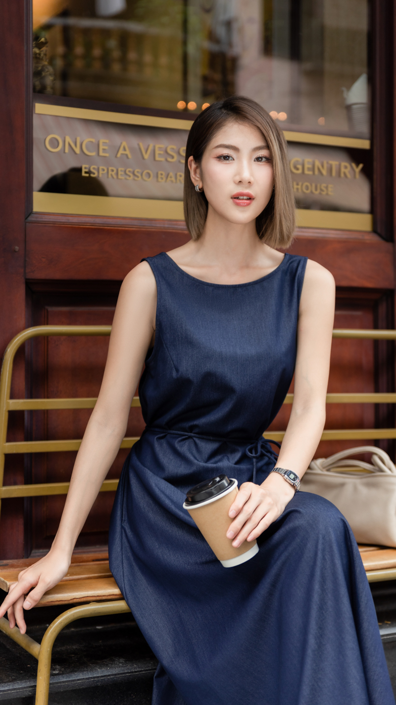 Đầm không tay xòe nhẹ có dây eo Eser thiết kế cao cấp WHITE CHIC