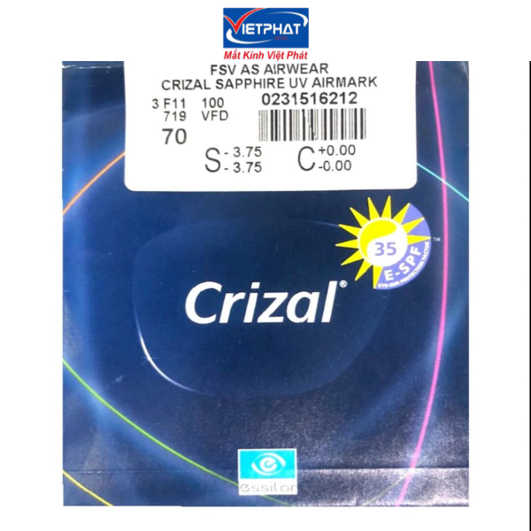 Tròng kính ESSILOR 1.56, 1.60 và 1.67 CRIZAL SAPPHIRE UV chính hãng Pháp