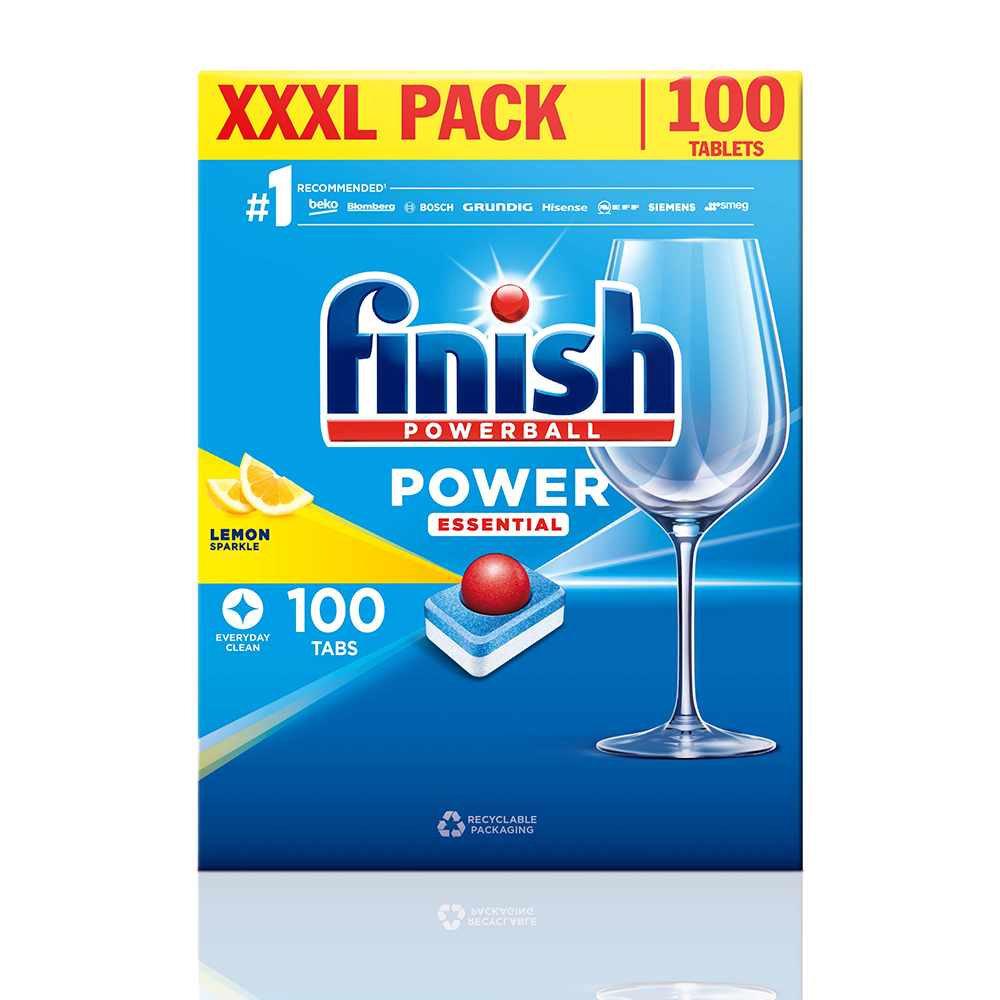 Viên Rửa Chén Bát Hương Chanh Finish Powerball Power Essential Lemon Sparkle - Túi 100 viên siêu tiết kiệm