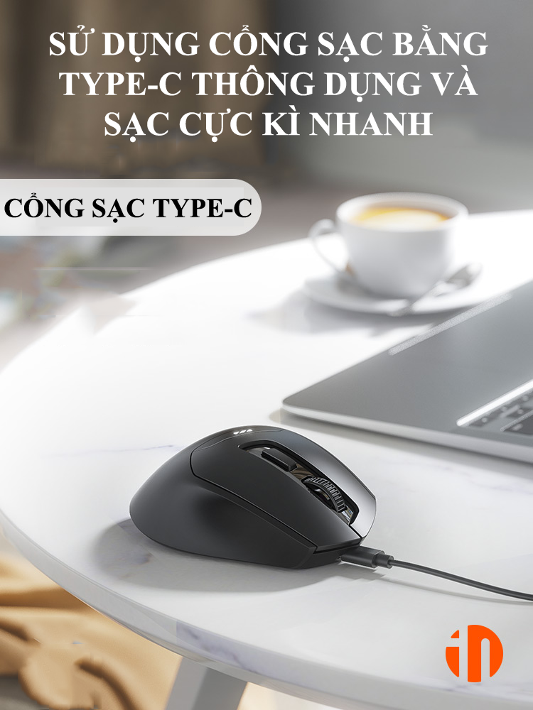 Chuột không dây INPHIC DR01 sử dụng pin sạc thiết kế hiện đại với độ DPI lên đến 1600 có đèn led báo hiệu dung lượng pin - Hàng Chính Hãng