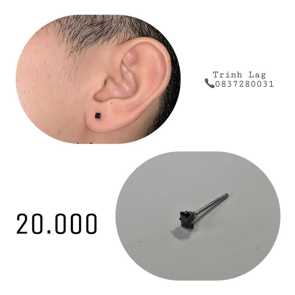 Khuyên sát tai cơ bản đá đen khối vuông 3mm nam nữ