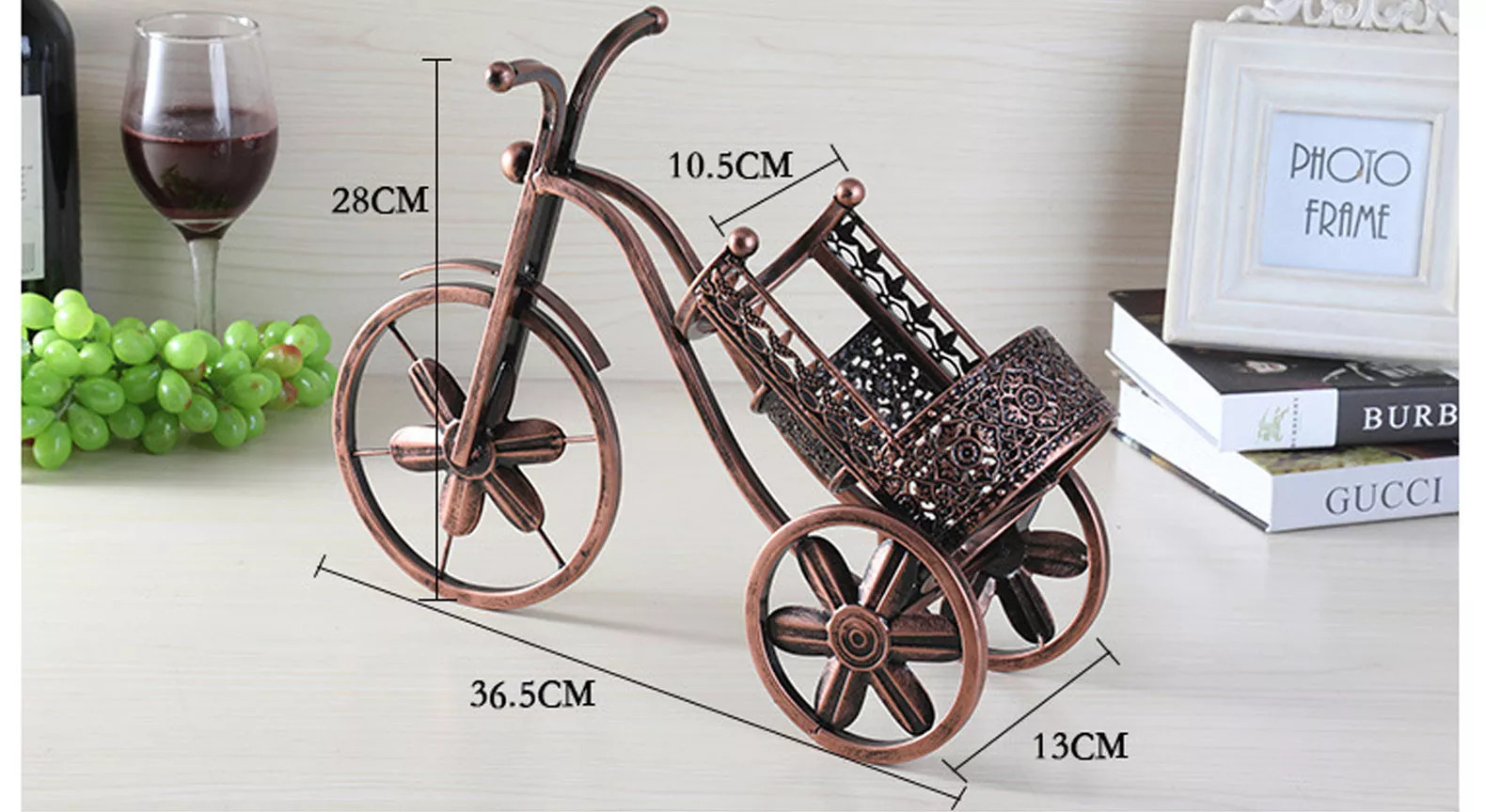 Kệ Xe Đạp Để Chai Và 2 Ly Vang Màu Đỏ Đồng NT013