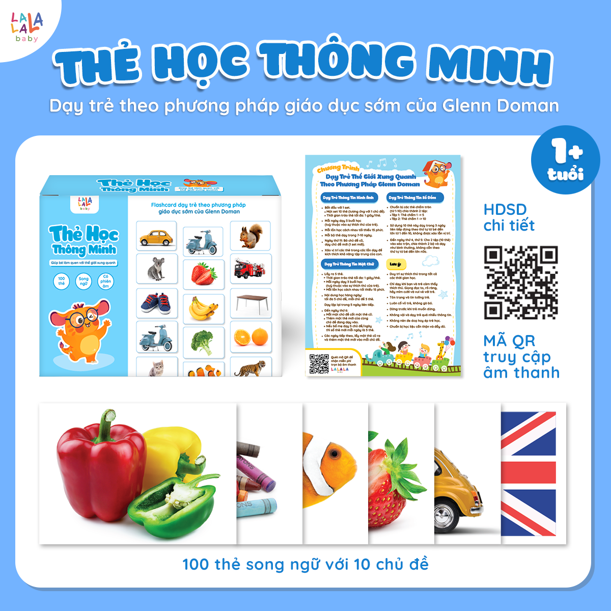 Bộ 100 Thẻ Học Thông Minh Flash card 10 Chủ Đề Song Ngữ Anh Việt Chuẩn Glenn Doman Có Quét Mã File Nghe - Lalala Baby