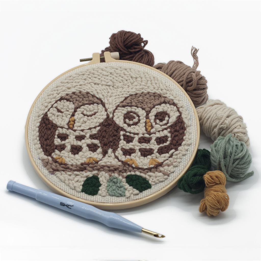 2pcs Cute Animal Owl Punch Needle Kits Hoop Soft Yarn DIY Needlework Set